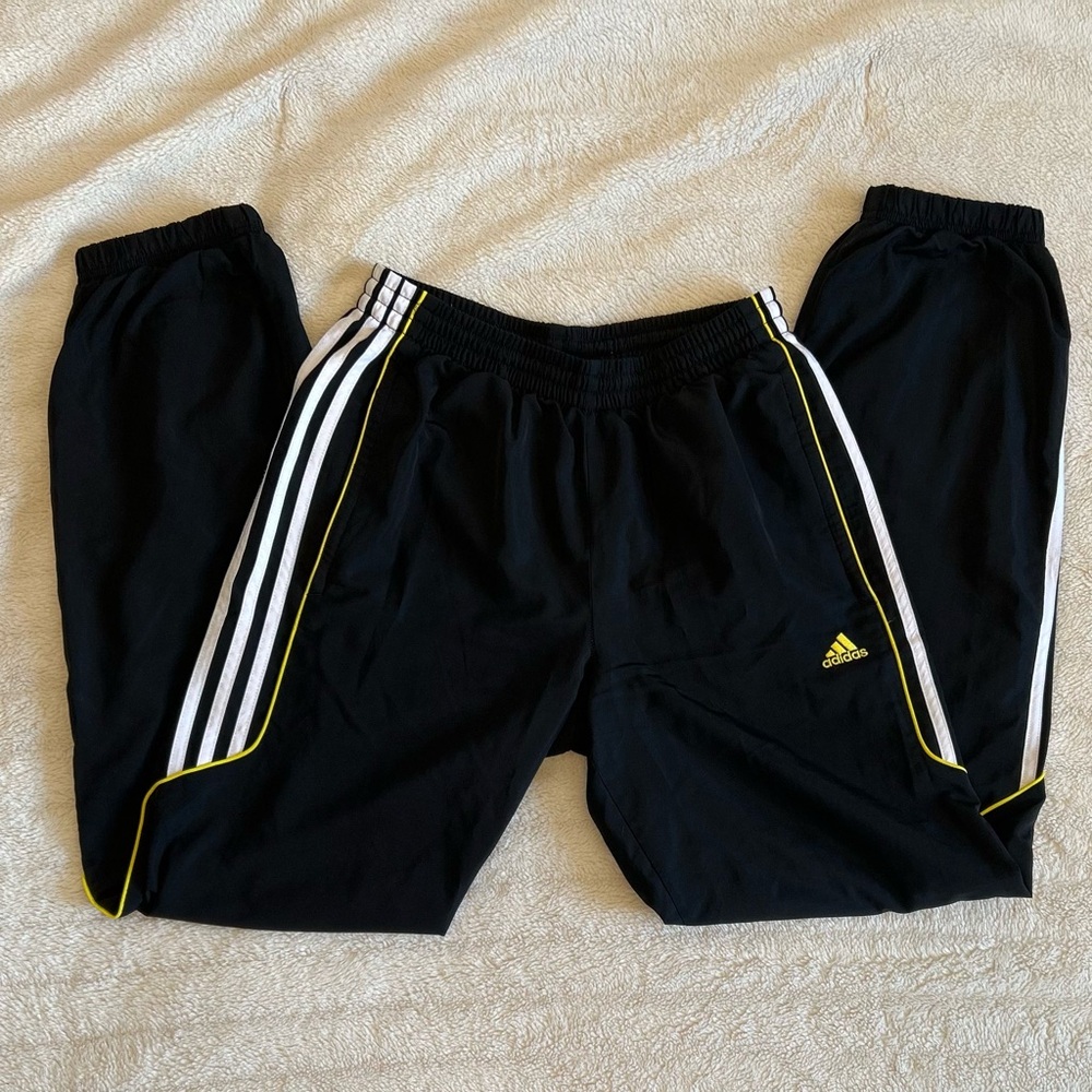 Adidas Kids Black Windbreaker Vintage Joggers with White Stripes and Yellow Trim